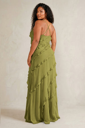 Moss Green Spaghetti Straps Sheath Stain Ruffled Bridesmaid Dress (4) | KISSBRIDAL[sizeplus]