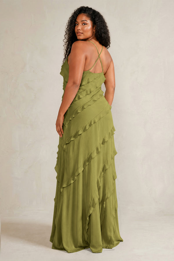 Moss Green Spaghetti Straps Sheath Stain Ruffled Bridesmaid Dress (4) | KISSBRIDAL[sizeplus]