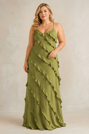 Moss Green Spaghetti Straps Sheath Stain Ruffled Bridesmaid Dress | KISSBRIDAL[sizeplus]