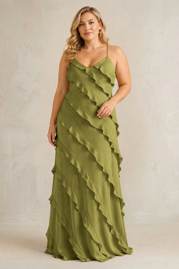 Moss Green Spaghetti Straps Sheath Stain Ruffled Bridesmaid Dress | KISSBRIDAL[sizeplus]
