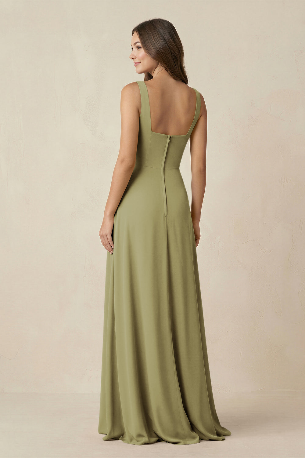 Square Neck A-Line Bridesmaid Dress With Slit in Moss Green