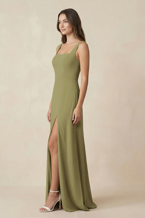 Moss Green Square Neck A-Line Bridesmaid Dress With Slit (3) | KISSBRIDAL