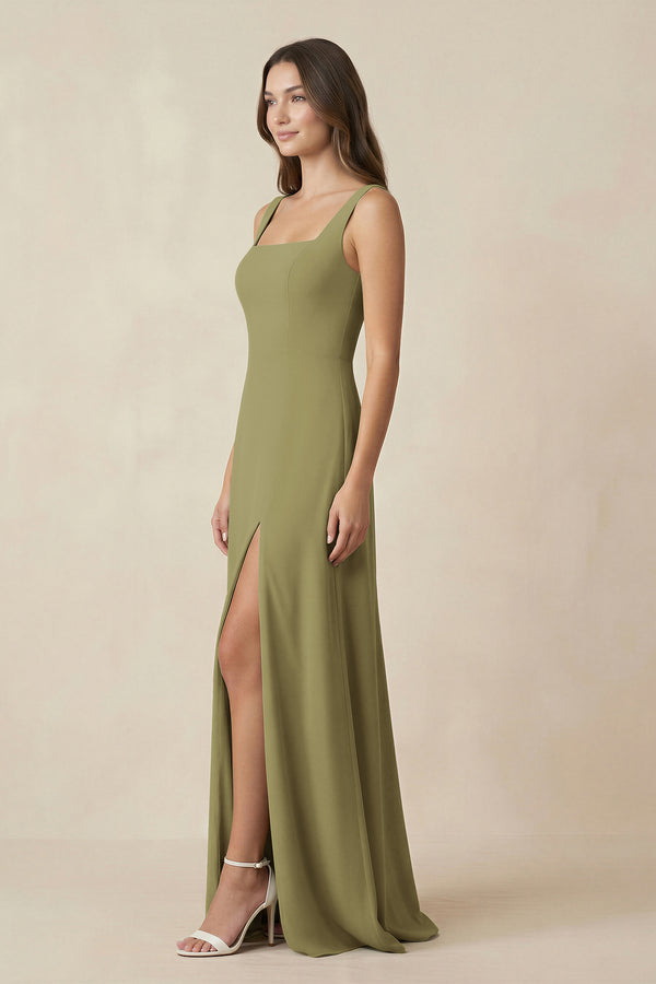Moss Green Square Neck A-Line Bridesmaid Dress With Slit (3) | KISSBRIDAL
