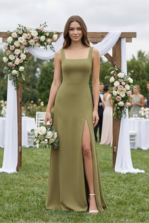 Moss Green Square Neck A-Line Bridesmaid Dress With Slit (4) | KISSBRIDAL