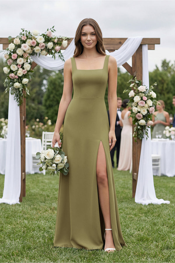Moss Green Square Neck A-Line Bridesmaid Dress With Slit (4) | KISSBRIDAL