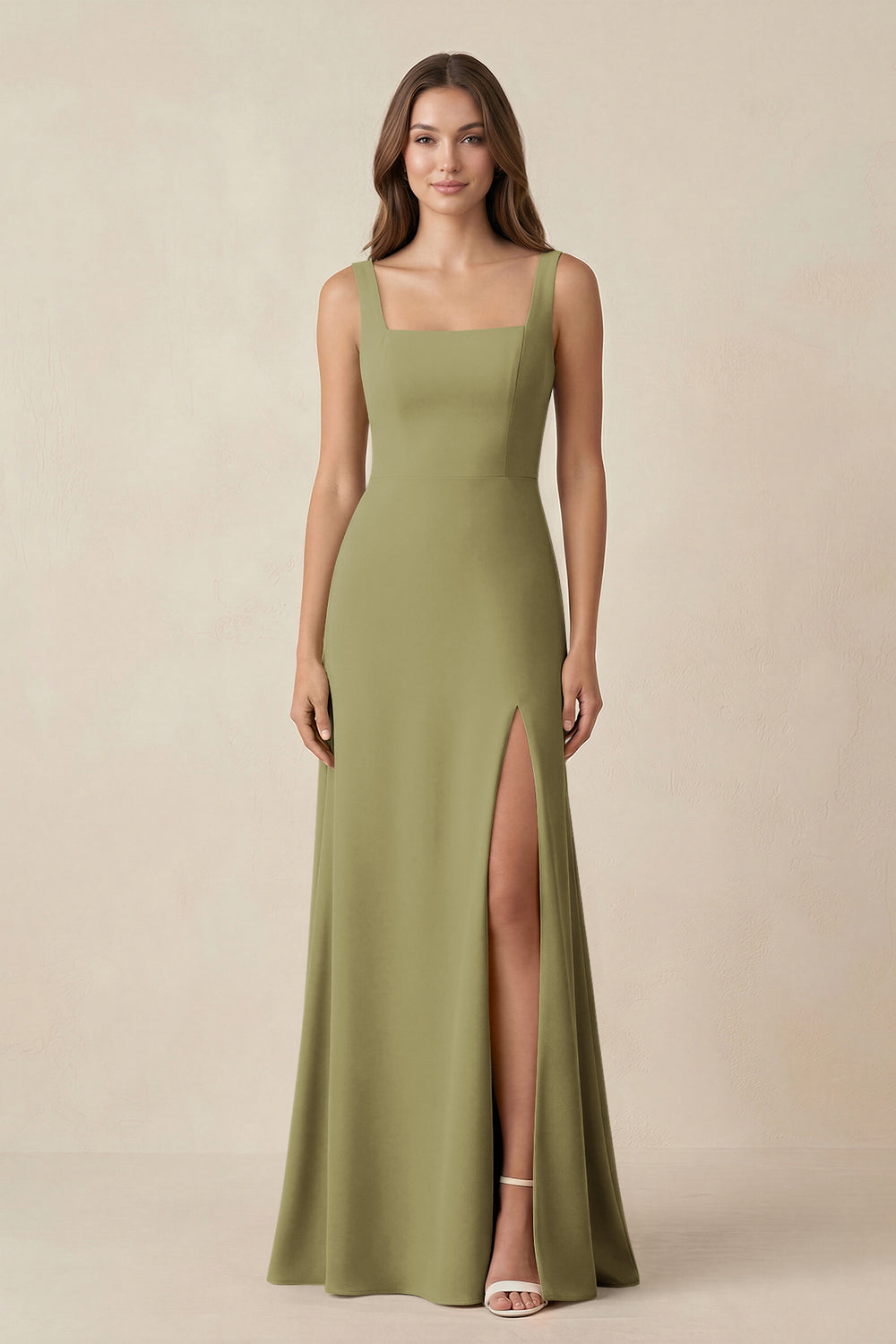 Square Neck A-Line Bridesmaid Dress With Slit in Moss Green