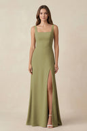 Moss Green Square Neck A-Line Bridesmaid Dress With Slit | KISSBRIDAL