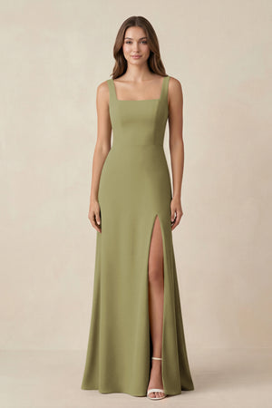 Moss Green Square Neck A-Line Bridesmaid Dress With Slit | KISSBRIDAL