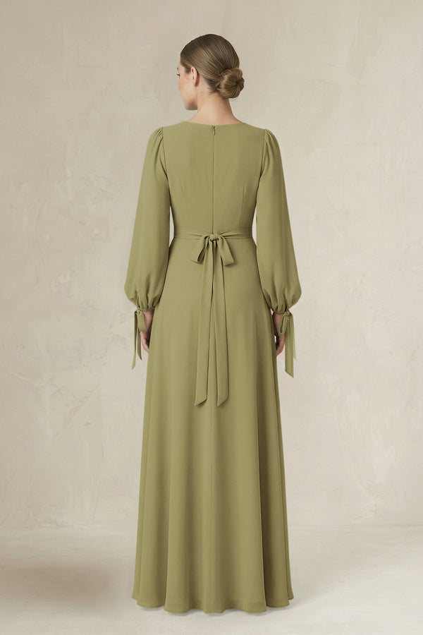 Moss Green Square Neck Long Sleeve A-Line Chiffon Bridesmaid Dress in Moss Green (2) | KISSBRIDAL
