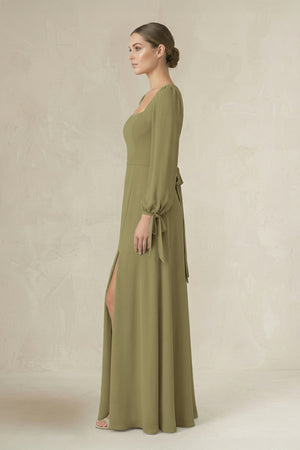 Moss Green Square Neck Long Sleeve A-Line Chiffon Bridesmaid Dress in Moss Green (3) | KISSBRIDAL