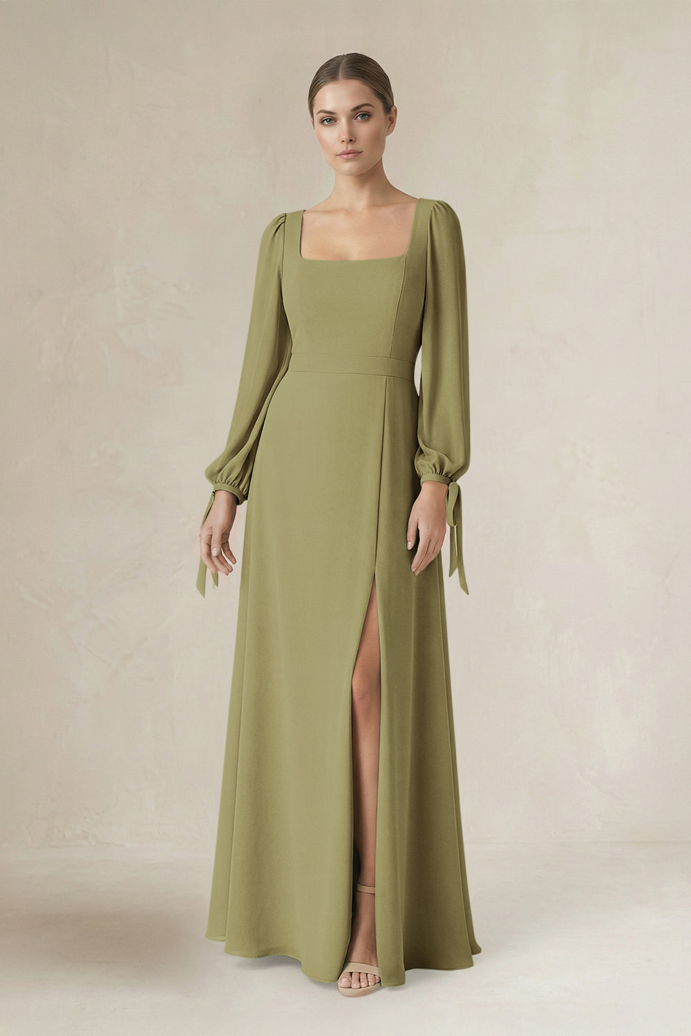 Square Neck Long Sleeve A-Line Chiffon Bridesmaid Dress in Moss Green