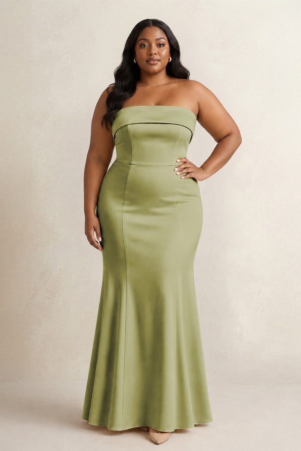 Moss Green Strapless Satin Mermaid Bridesmaid Dress (3) [sizeplus] | KISSBRIDAL