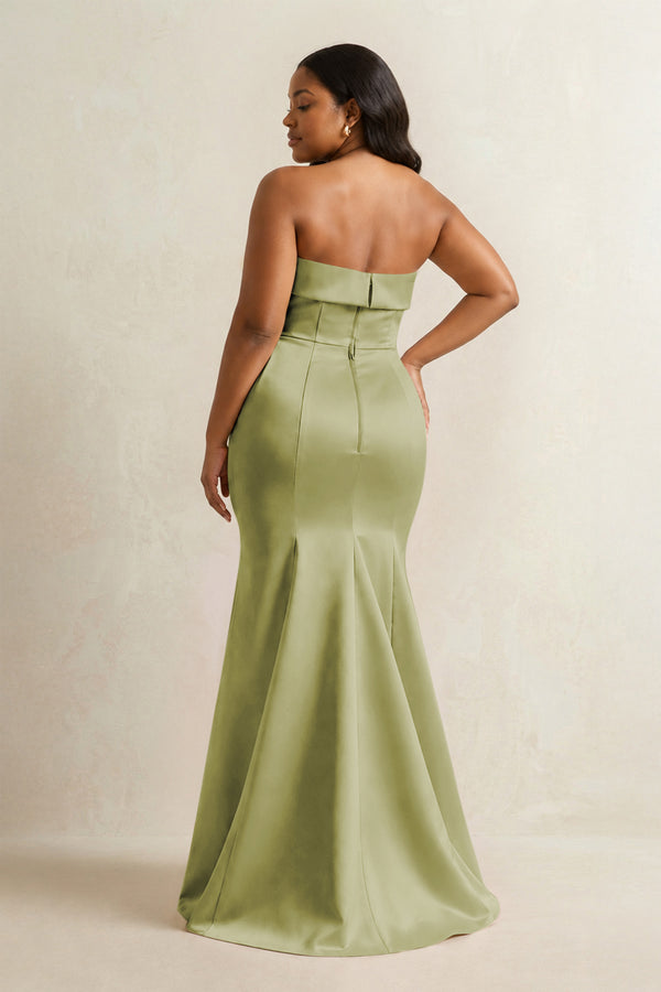 Moss Green Strapless Satin Mermaid Bridesmaid Dress (4) [sizeplus] | KISSBRIDAL