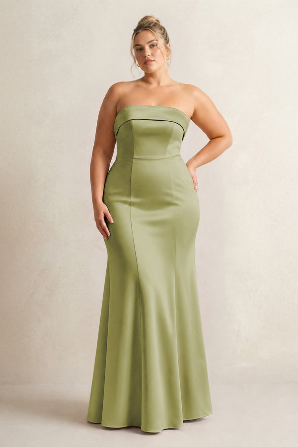 Moss Green Strapless Satin Mermaid Bridesmaid Dress [sizeplus] | KISSBRIDAL