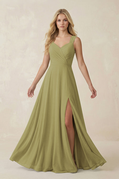 Moss Green Sweetheart A-Line Chiffon Long Bridesmaid Dress | KISSBRIDAL