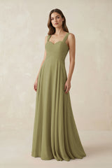 Moss Green Sweetheart Pleated A-Line Chiffon Bridesmaid Dress | KISSBRIDAL