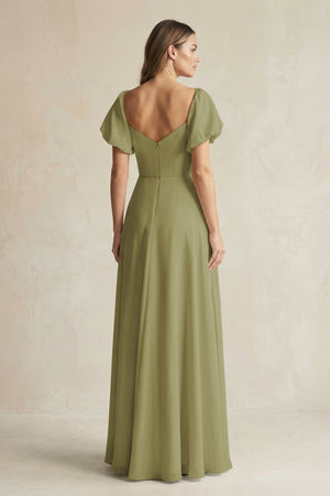 Moss Green Sweetheart Puff Sleeve A-Line Chiffon Bridesmaid Dress (2) | KISSBRIDAL