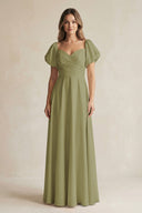 Moss Green Sweetheart Puff Sleeve A-Line Chiffon Bridesmaid Dress | KISSBRIDAL