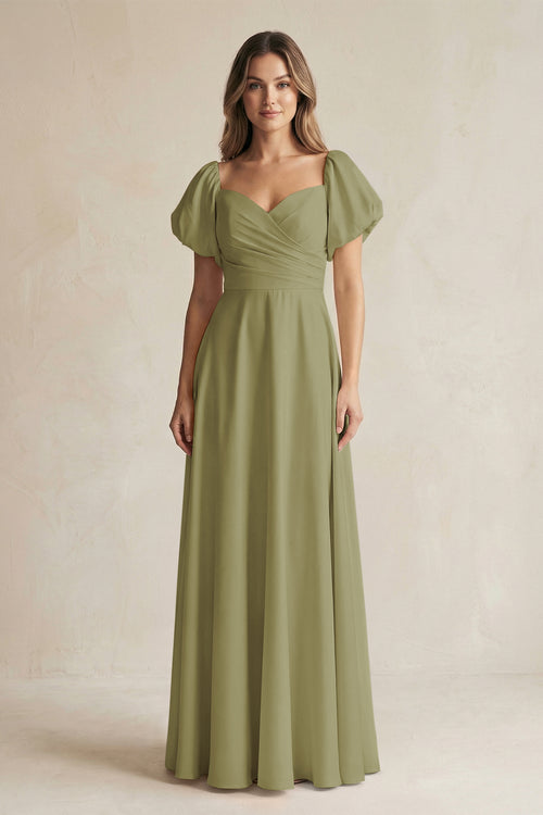 Moss Green Sweetheart Puff Sleeve A-Line Chiffon Bridesmaid Dress | KISSBRIDAL