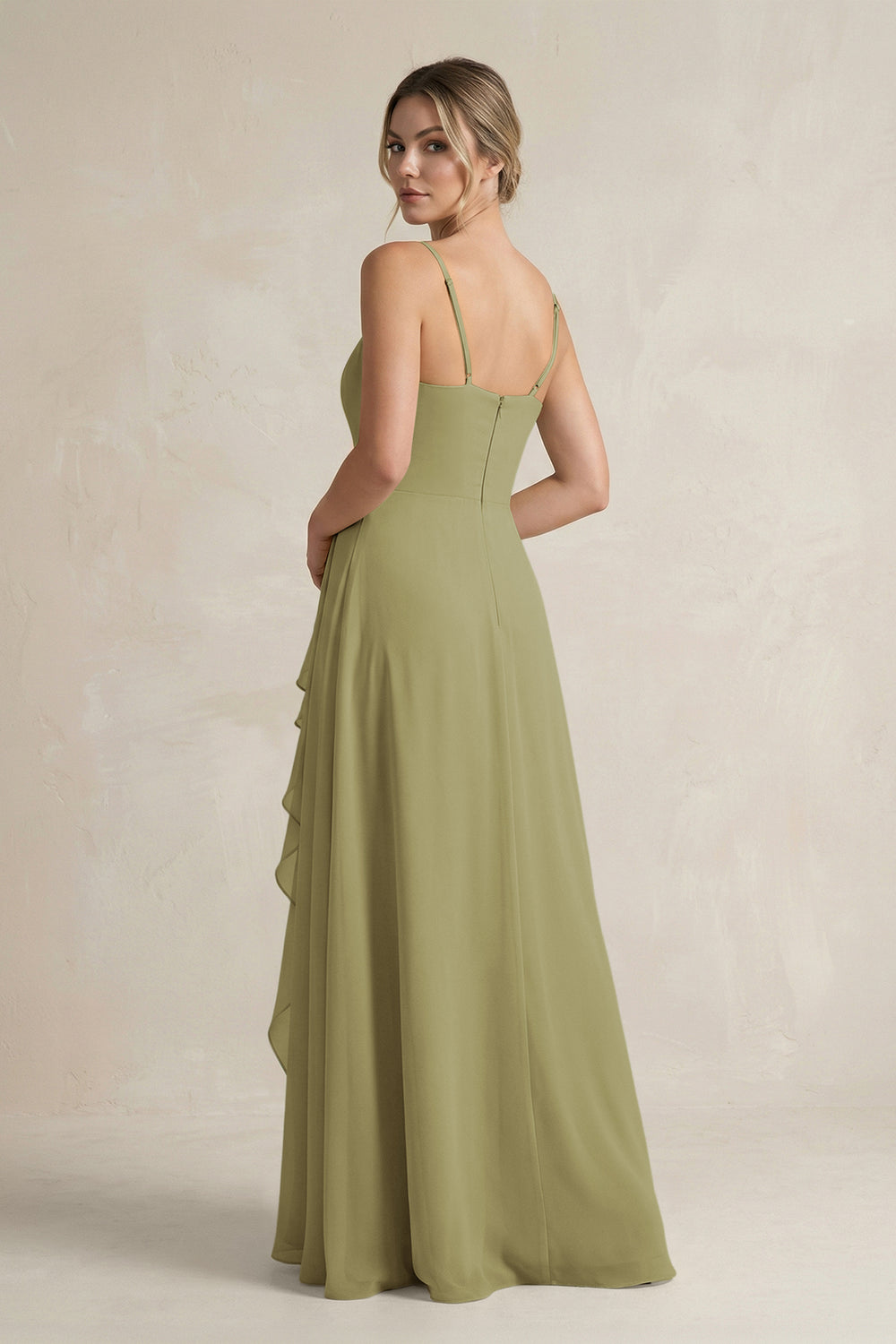 Sweetheart Ruffled A-Line Chiffon Bridesmaid Dress with Slit in Moss Green