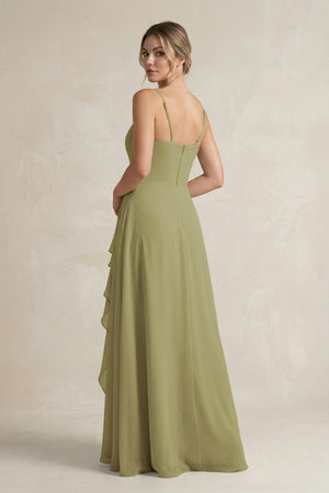Moss Green Sweetheart Ruffled A-Line Chiffon Bridesmaid Dress with Slit (2) | KISSBRIDAL