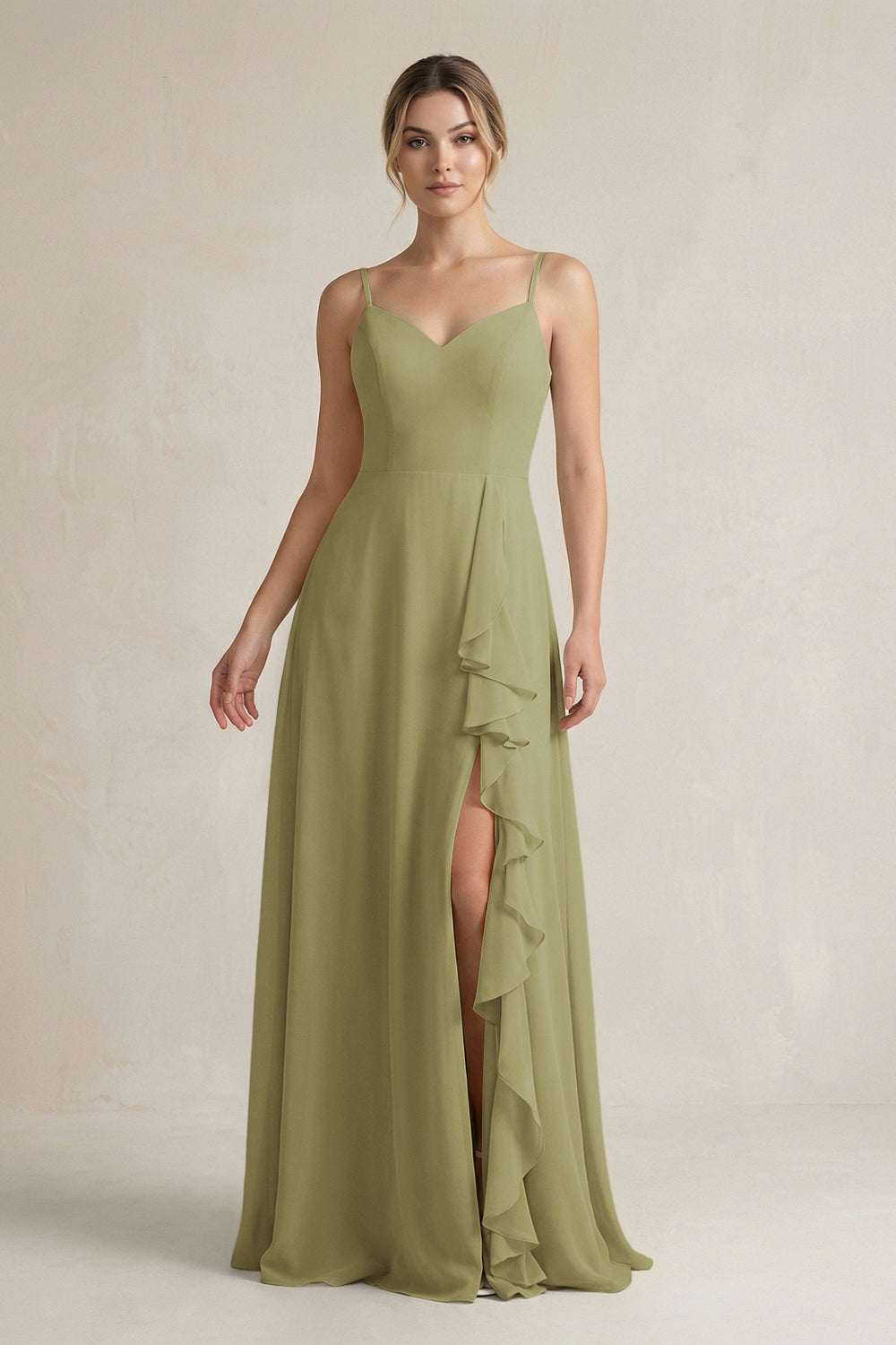 Sweetheart Ruffled A-Line Chiffon Bridesmaid Dress with Slit in Moss Green