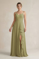 Moss Green Sweetheart Ruffled A-Line Chiffon Bridesmaid Dress with Slit | KISSBRIDAL