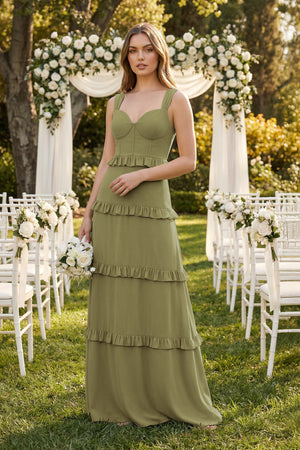 Moss Green Sweetheart Tiered A-Line Chiffon Bridesmaid Dress (4) | KISSBRIDAL