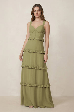 Moss Green Sweetheart Tiered A-Line Chiffon Bridesmaid Dress | KISSBRIDAL