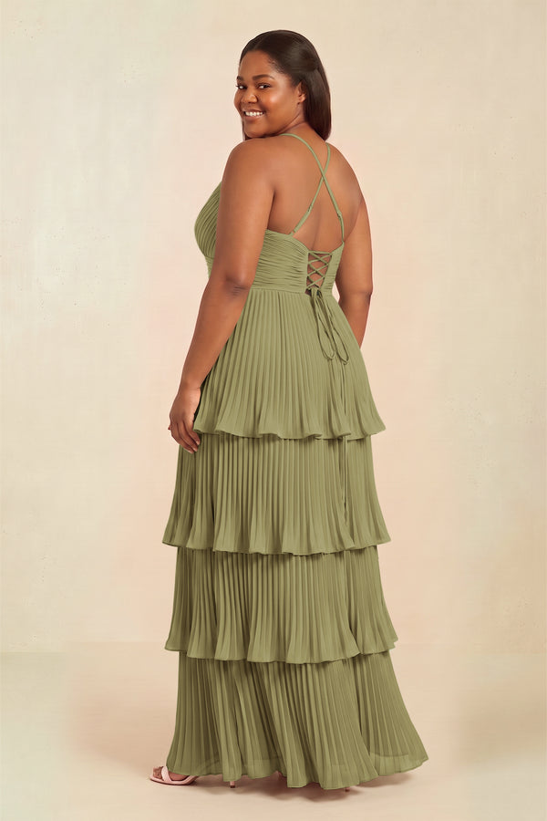 Moss Green Tiered Pleated V-Neck A-Line Chiffon Bridesmaid Dress (2) [sizeplus] | KISSBRIDAL