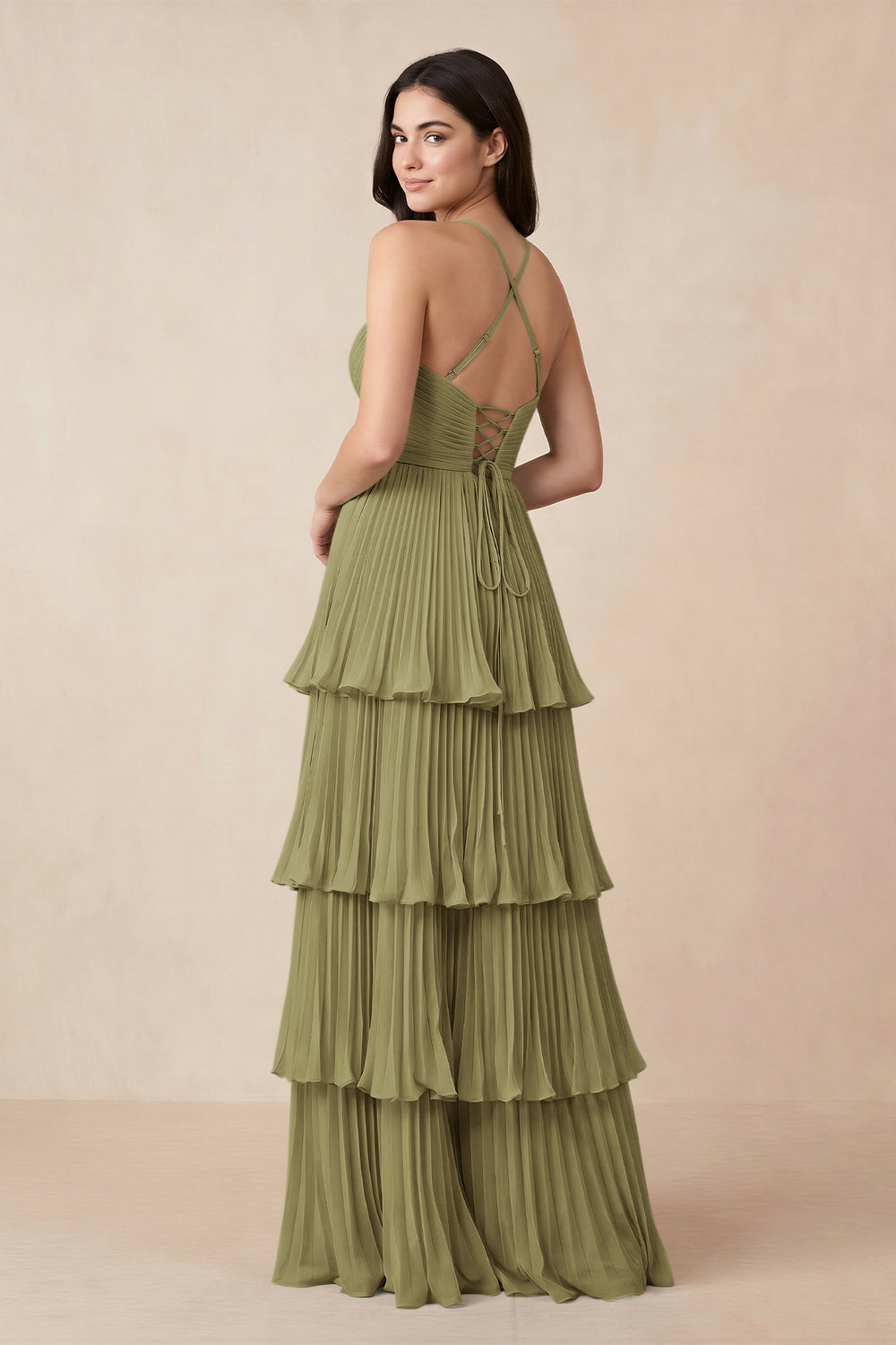 Tiered Pleated V-Neck A-Line Chiffon Bridesmaid Dress in Moss Green
