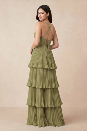 Moss Green Tiered Pleated V-Neck A-Line Chiffon Bridesmaid Dress (2) | KISSBRIDAL