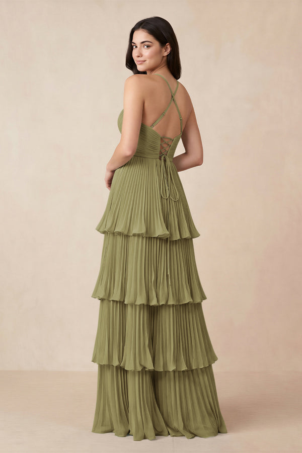 Moss Green Tiered Pleated V-Neck A-Line Chiffon Bridesmaid Dress (2) | KISSBRIDAL