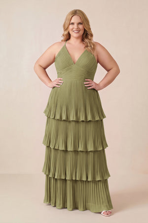 Moss Green Tiered Pleated V-Neck A-Line Chiffon Bridesmaid Dress (3) [sizeplus] | KISSBRIDAL