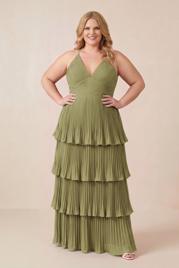 Moss Green Tiered Pleated V-Neck A-Line Chiffon Bridesmaid Dress (3) [sizeplus] | KISSBRIDAL