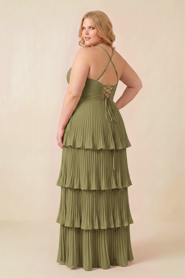 Moss Green Tiered Pleated V-Neck A-Line Chiffon Bridesmaid Dress (4) [sizeplus] | KISSBRIDAL