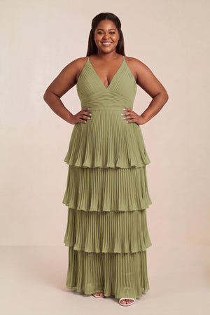 Moss Green Tiered Pleated V-Neck A-Line Chiffon Bridesmaid Dress [sizeplus] | KISSBRIDAL