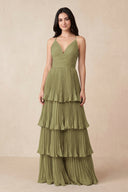 Moss Green Tiered Pleated V-Neck A-Line Chiffon Bridesmaid Dress | KISSBRIDAL
