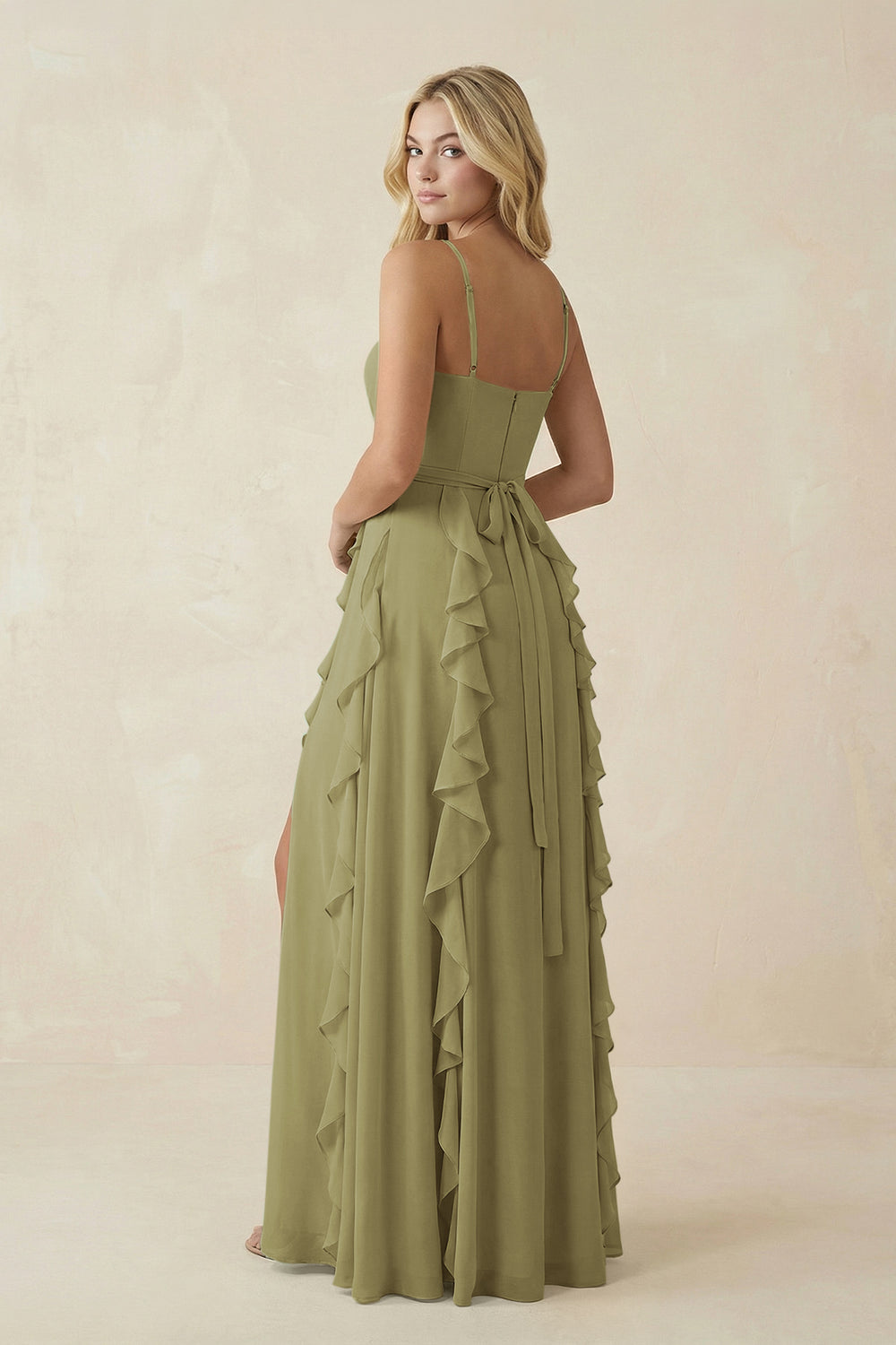 Tiered Ruffle A-Line Chiffon Bridesmaid Dress in Moss Green