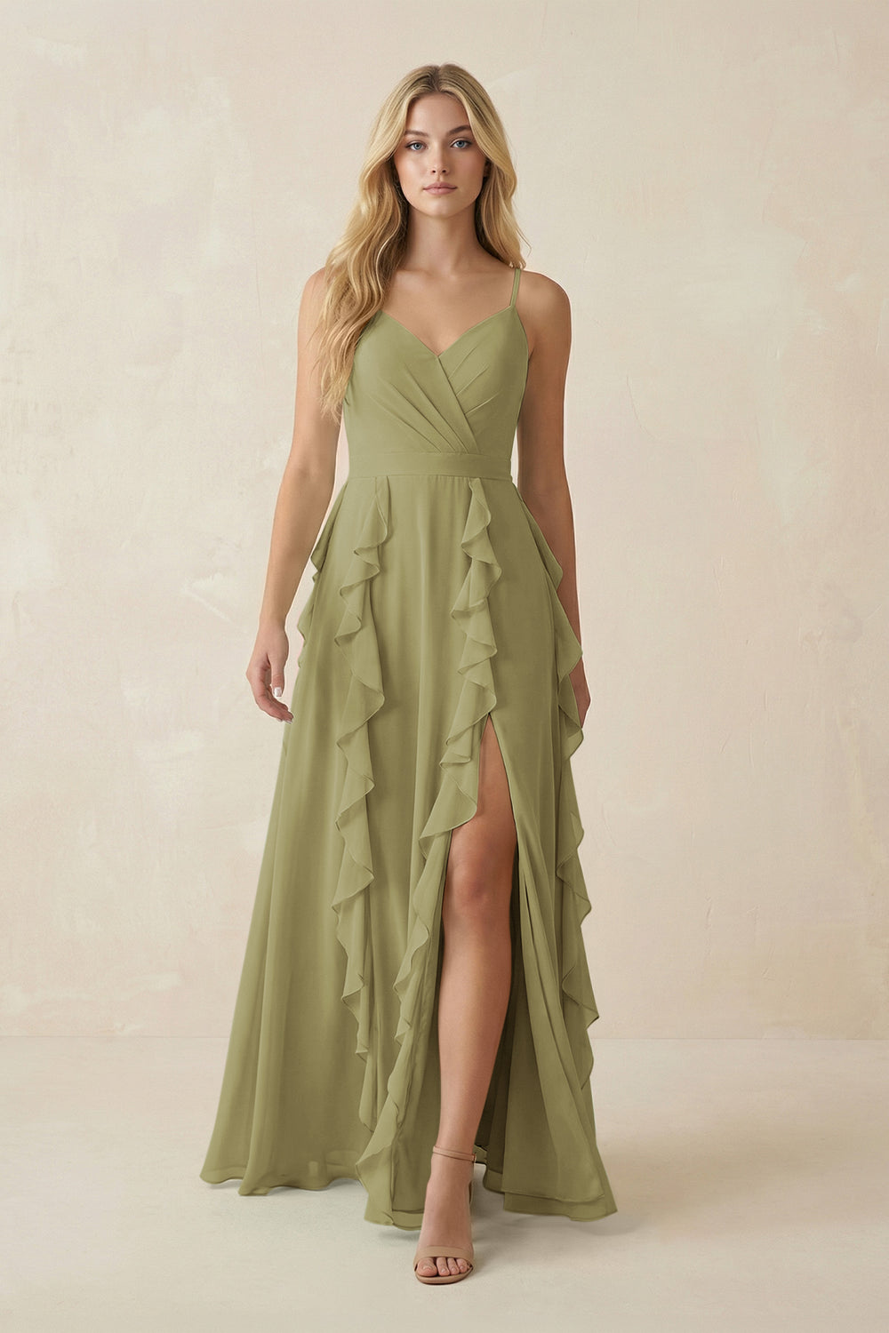 Tiered Ruffle A-Line Chiffon Bridesmaid Dress in Moss Green