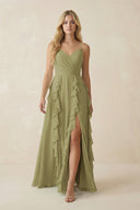 Moss Green Tiered Ruffle A-Line Chiffon Bridesmaid Dress | KISSBRIDAL