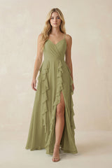 Moss Green Tiered Ruffle A-Line Chiffon Bridesmaid Dress | KISSBRIDAL