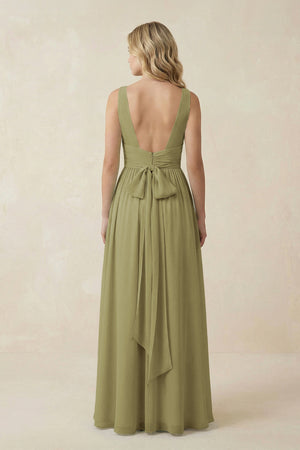 Moss Green V-Neck A-Line Bridesmaid Dress with Back Bow (2) | KISSBRIDAL