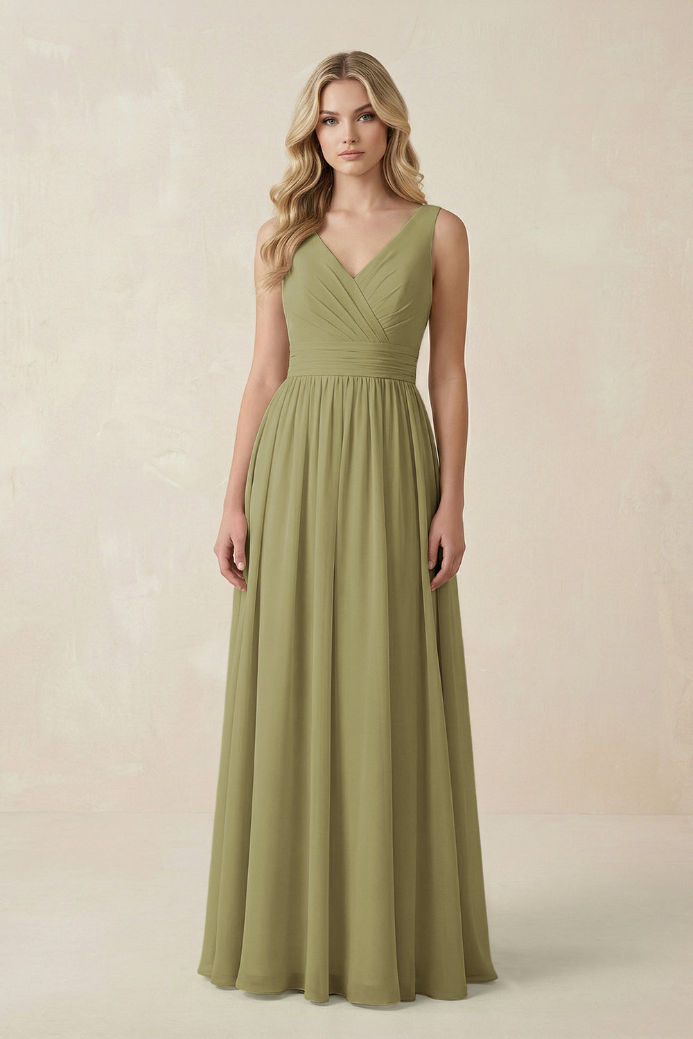 V-Neck A-Line Bridesmaid Dress with Back Bow in Moss Green