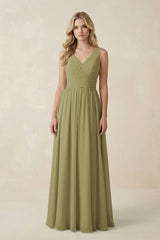 Moss Green V-Neck A-Line Bridesmaid Dress with Back Bow | KISSBRIDAL