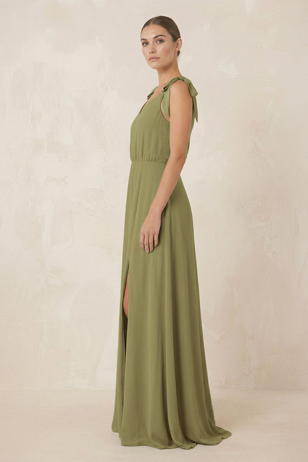 Moss Green V-Neck A-Line Chiffon Bridesmaid Dress (3) | KISSBRIDAL