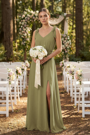 Moss Green V-Neck A-Line Chiffon Bridesmaid Dress (4) | KISSBRIDAL