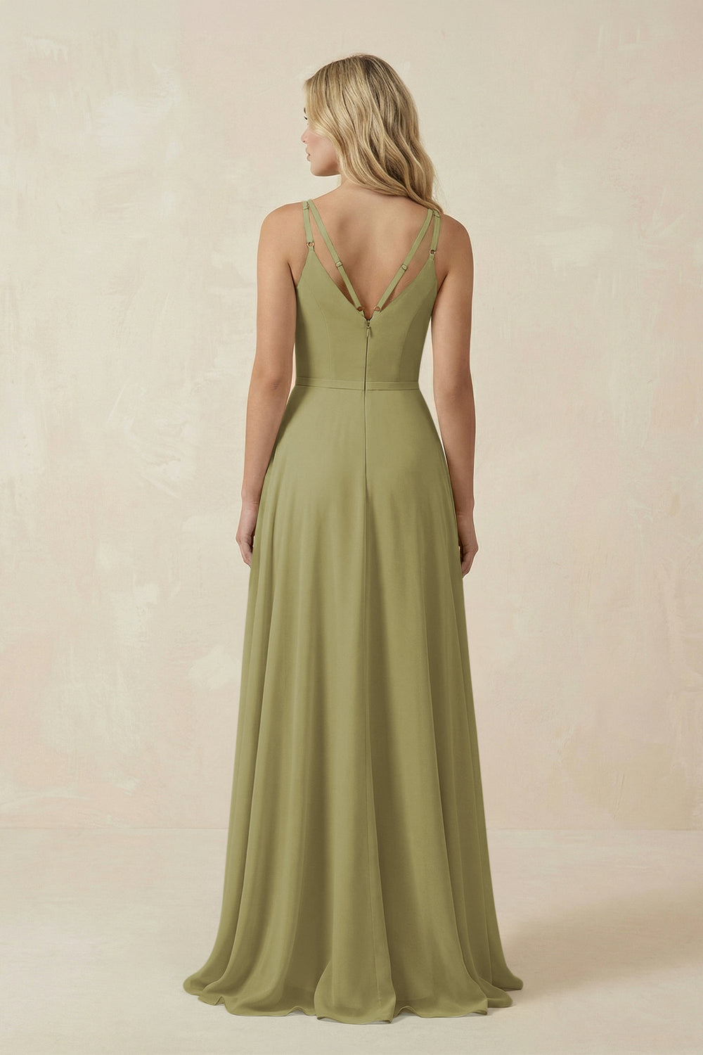 V-Neck A-Line Chiffon Bridesmaid Dress with Crisscross Back in Moss Green