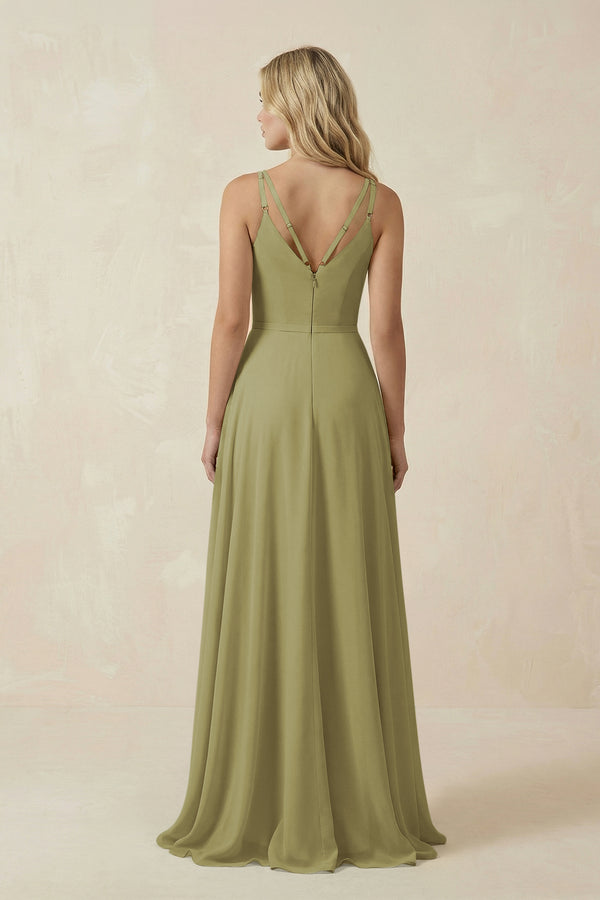 Moss Green V-Neck A-Line Chiffon Bridesmaid Dress with Crisscross Back (2) | KISSBRIDAL