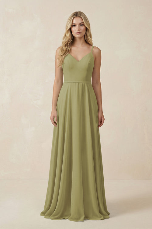 Moss Green V-Neck A-Line Chiffon Bridesmaid Dress with Crisscross Back | KISSBRIDAL